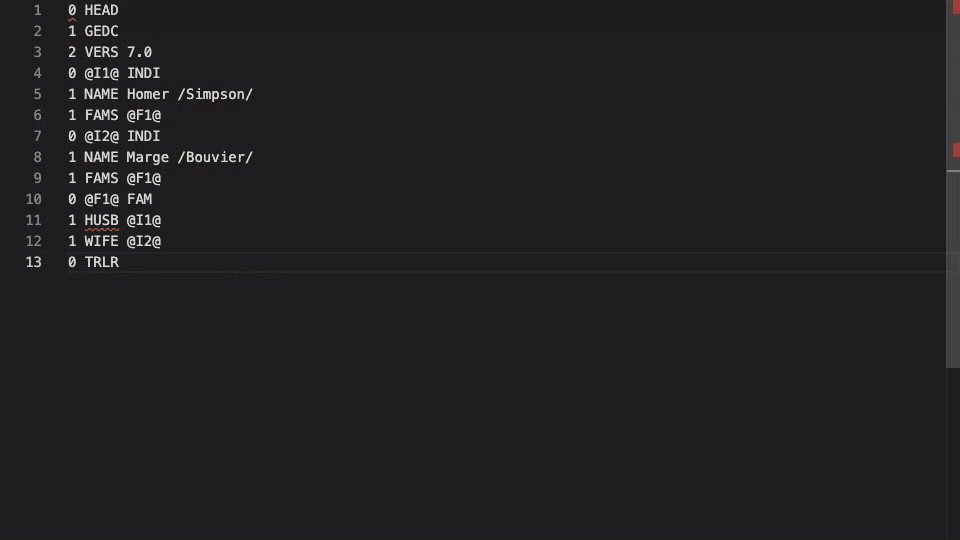 GEDCOM autocomplete, validation, hover, and navigation