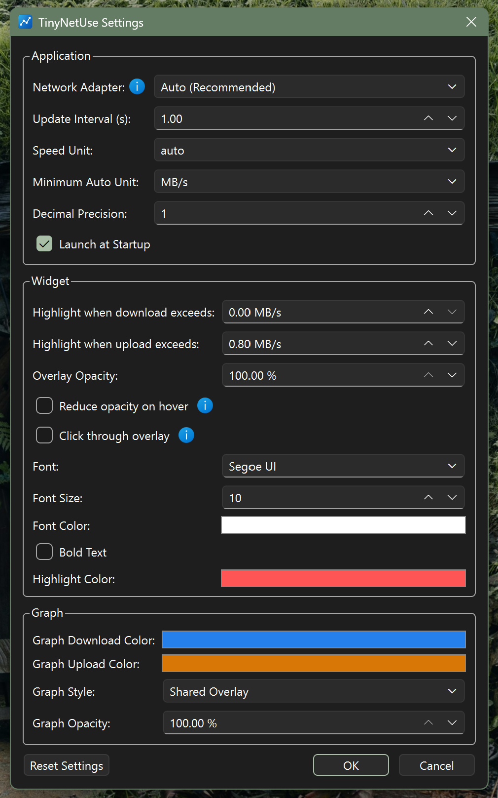 TinyNetUse settings window with Application, Widget, and Graph sections