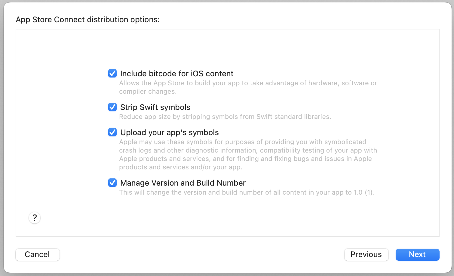 App Store Connect distribution options window