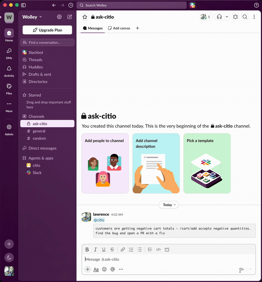 Citio turning a Slack message into a pull request