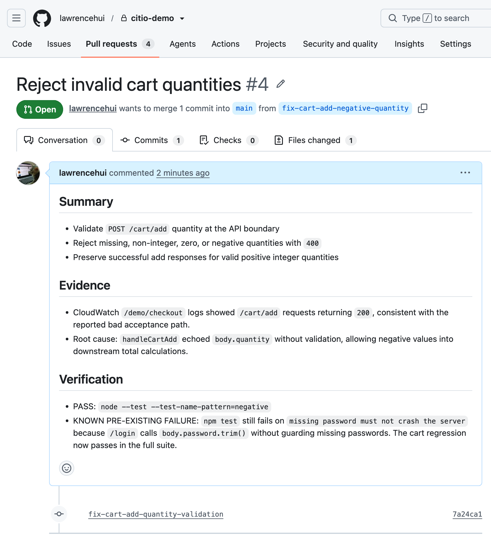 A pull request opened by Citio