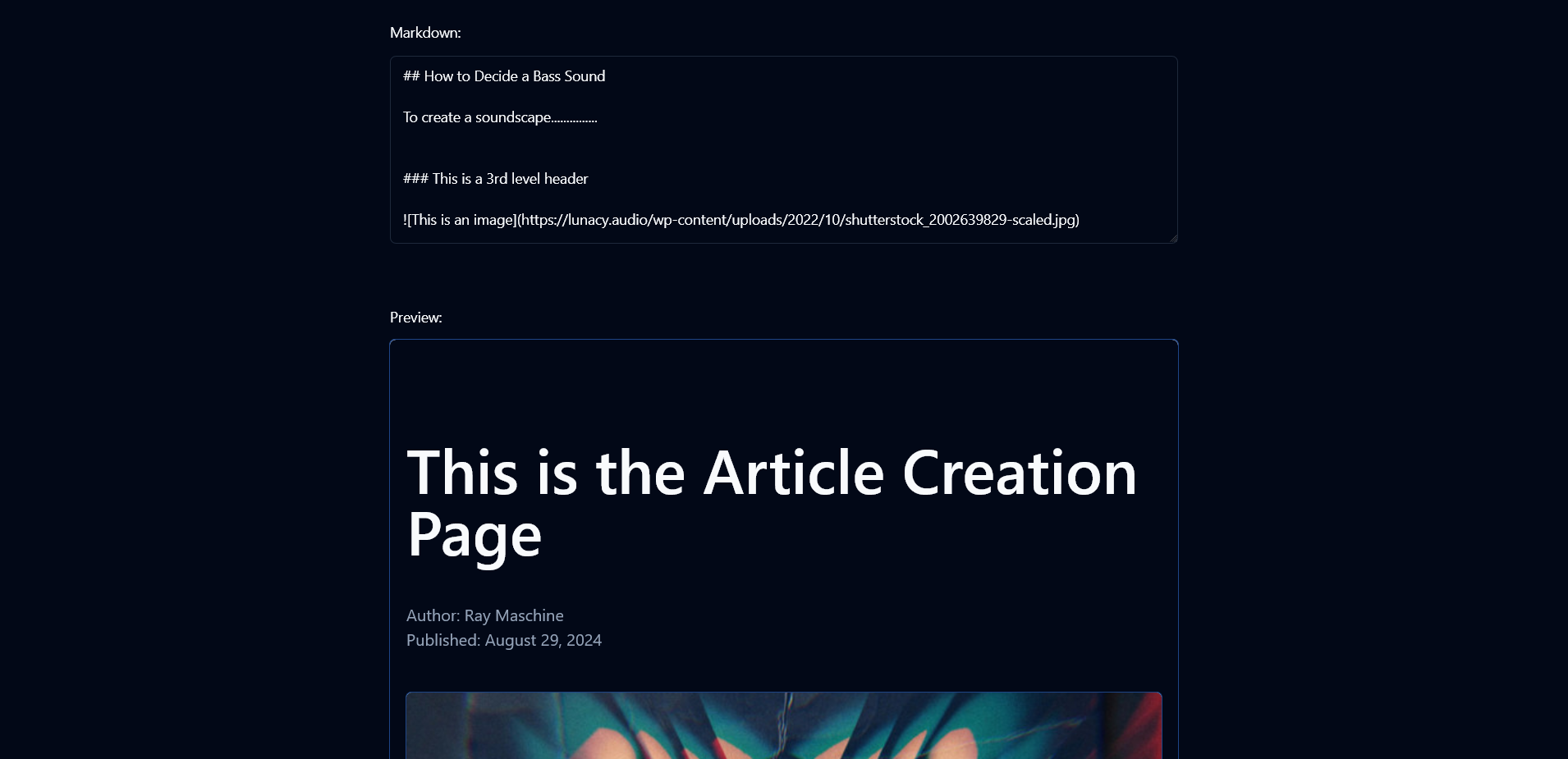 Article Creation page with DIY markdown editor and preview