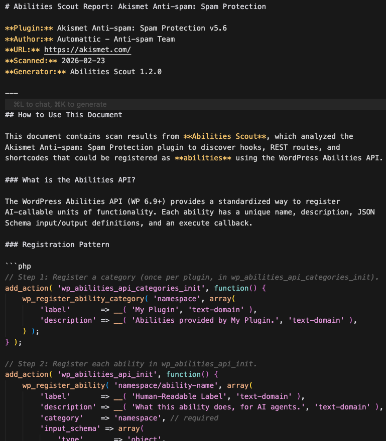 Markdown export with scan summary and abilities