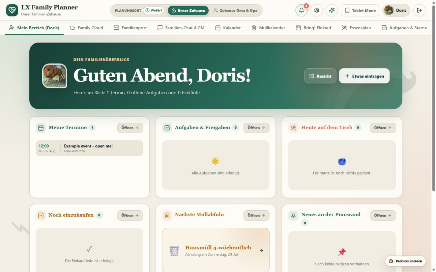Erwachsenen-Dashboard der Demo-Familie