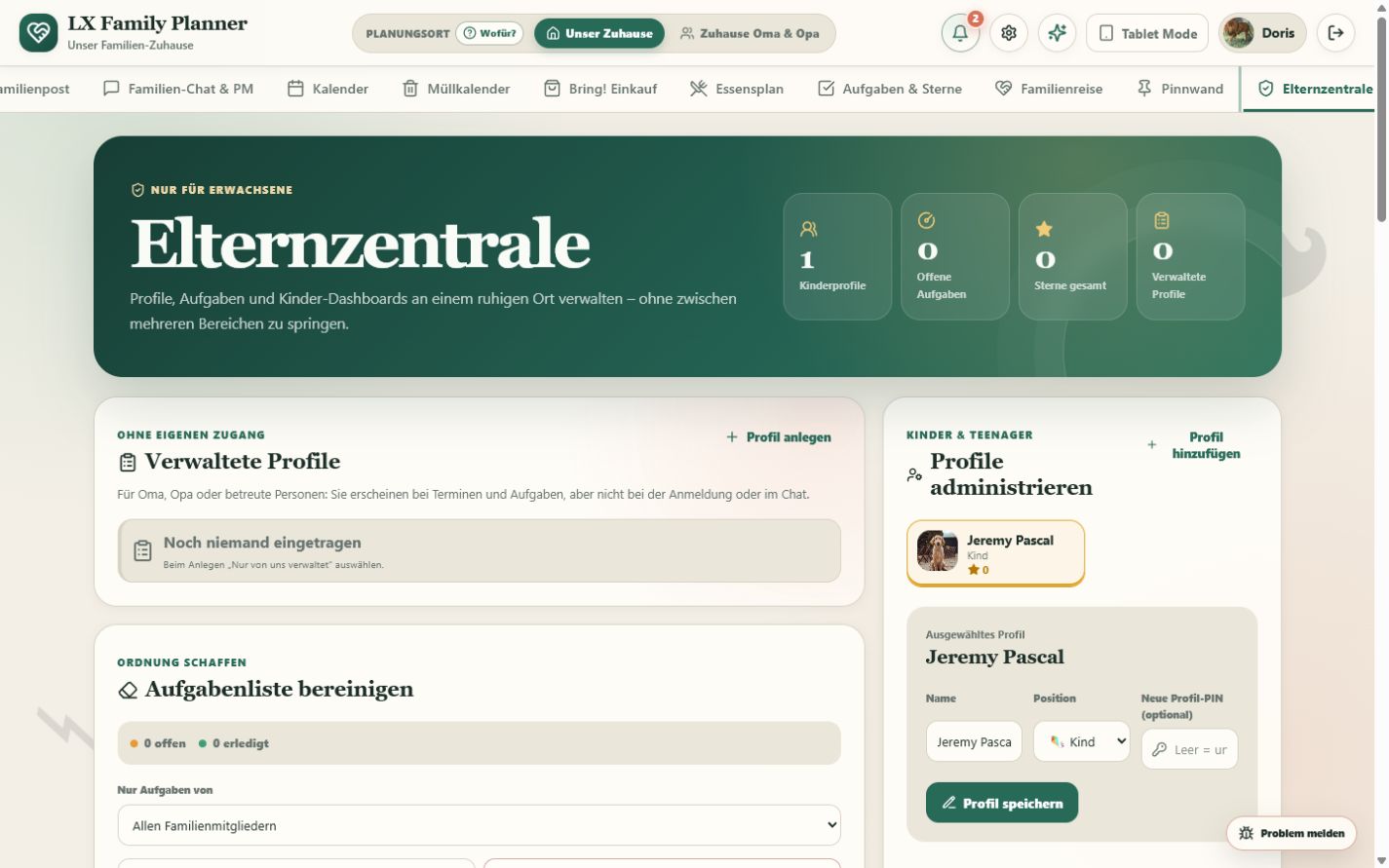 Elternzentrale für Profile, Aufgaben, Punkte und Dienste