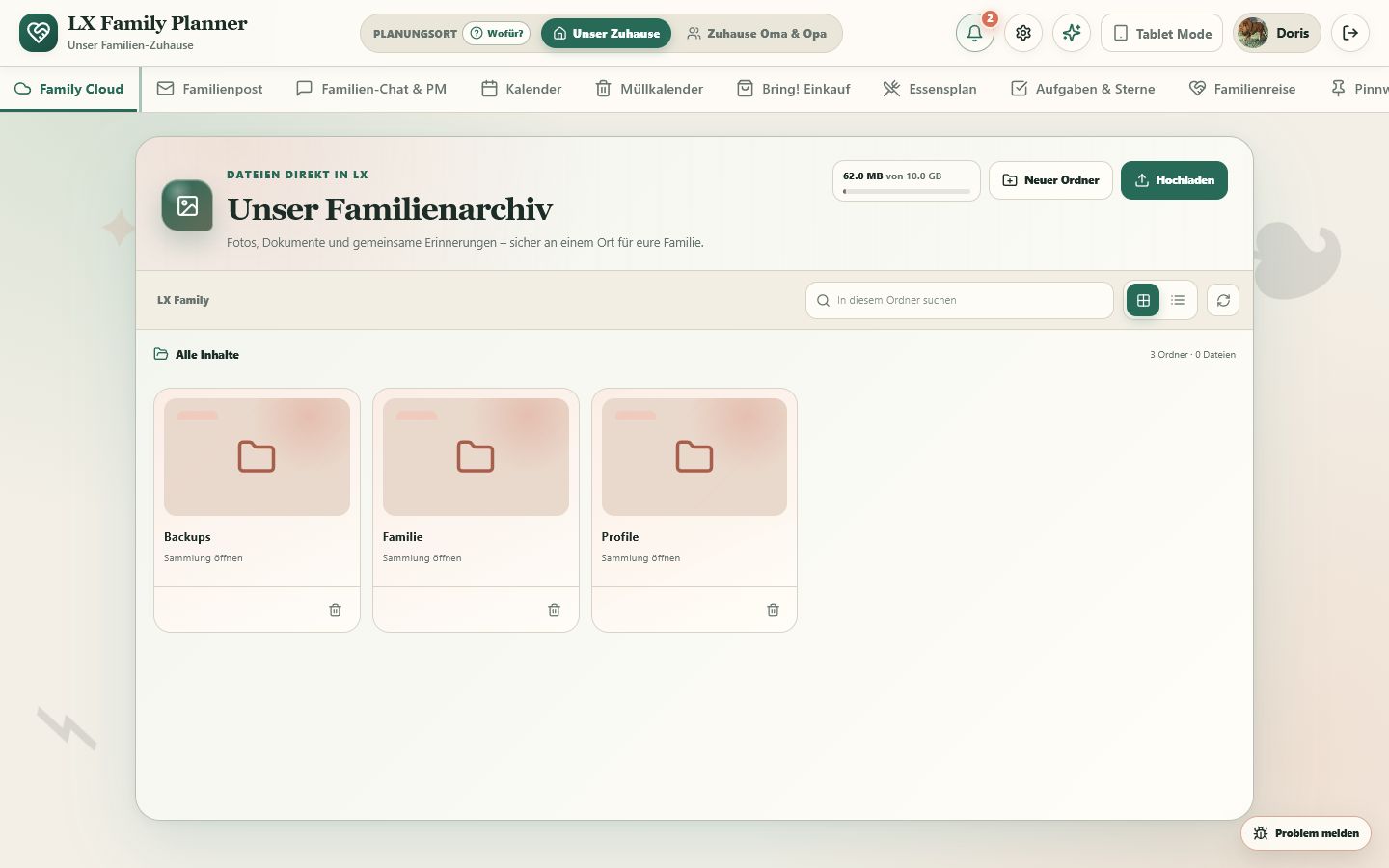 Integriertes Familienarchiv mit Ordnern und Upload