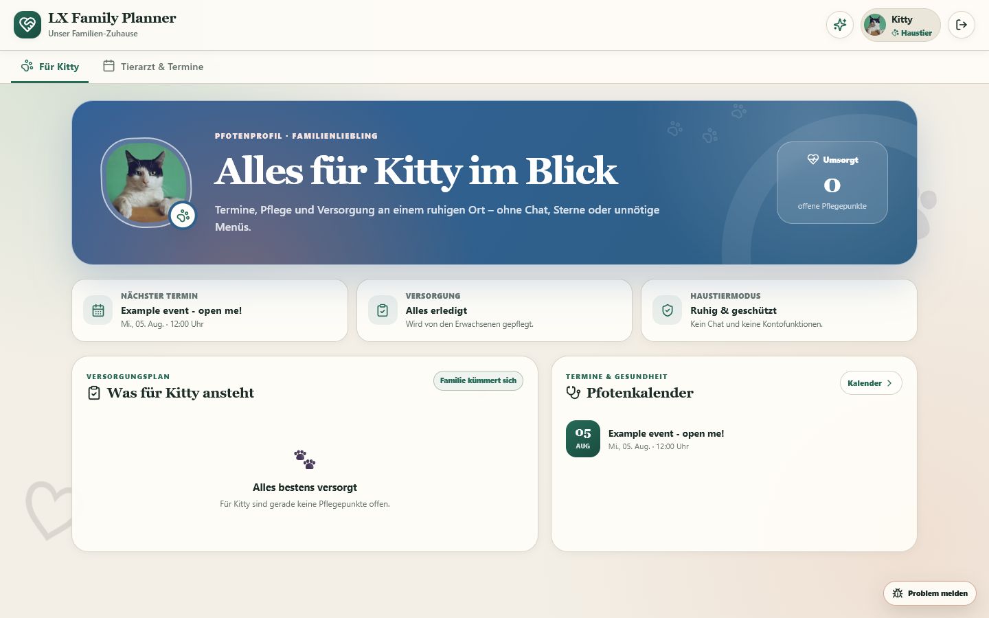 Haustierprofil mit Versorgung und Pfotenkalender