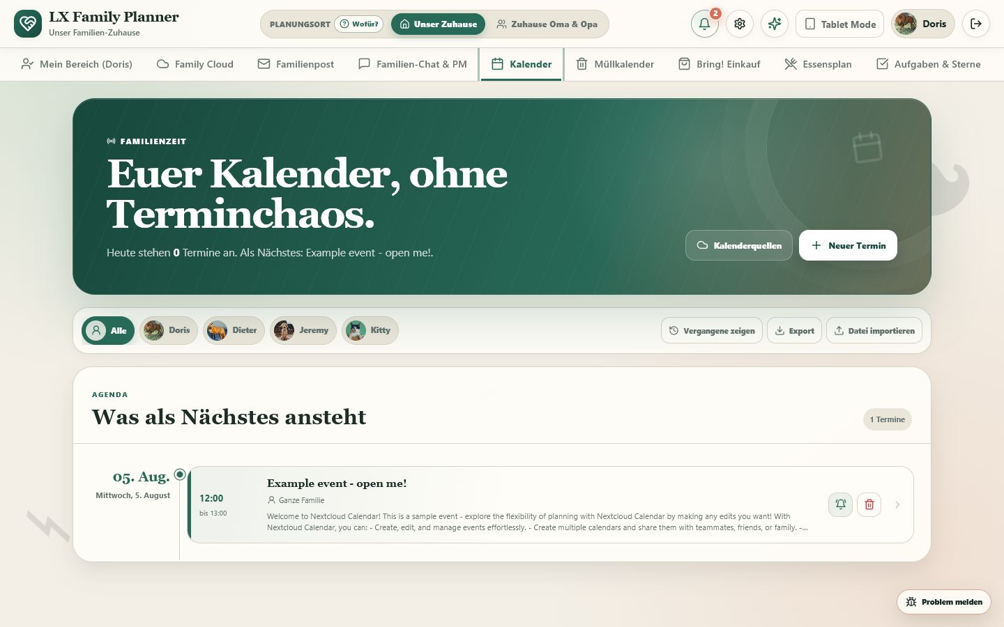 Familienkalender mit Profilfiltern und Erinnerungen