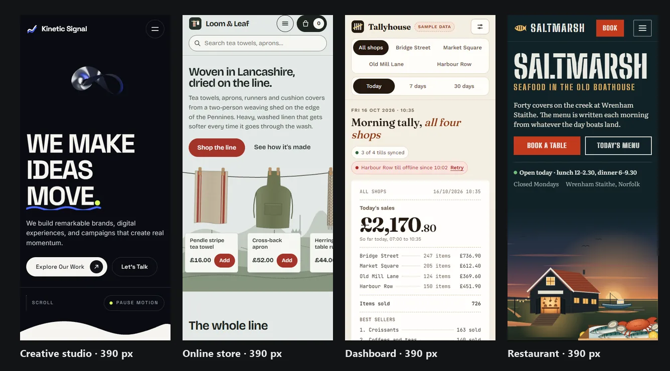The four Layoza pages at 390 px phone width
