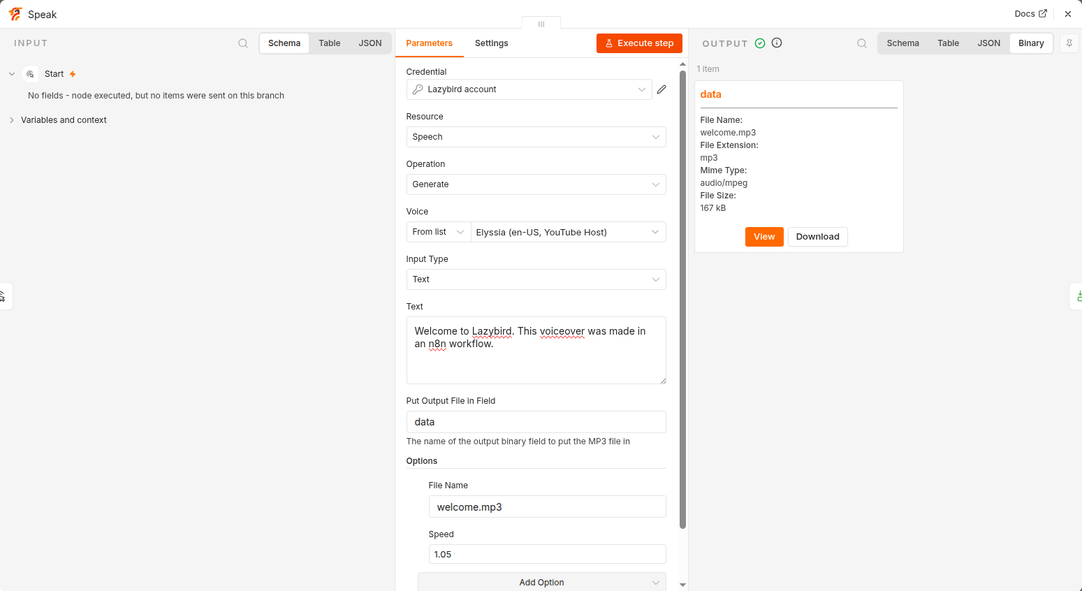 The Lazybird node generating a voiceover in n8n