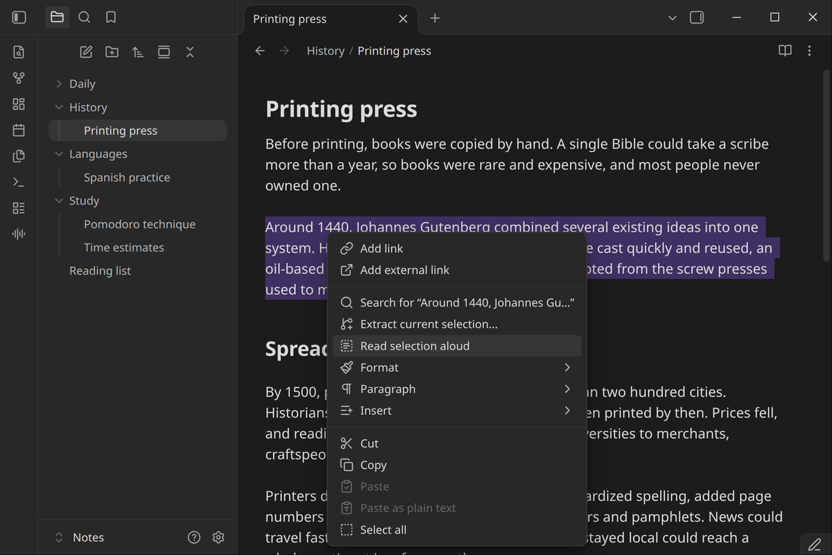Reading a selection from the editor menu