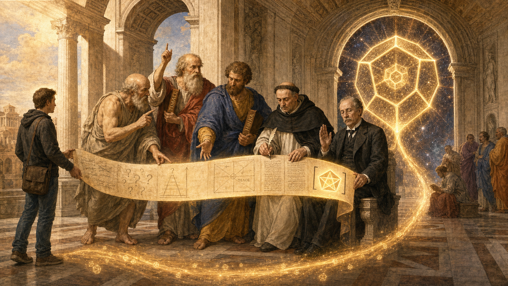 Five philosophers — Husserl, Socrates, Aristotle, Plato, Aquinas — gathered around a developer, inscribing telos on a glowing scroll