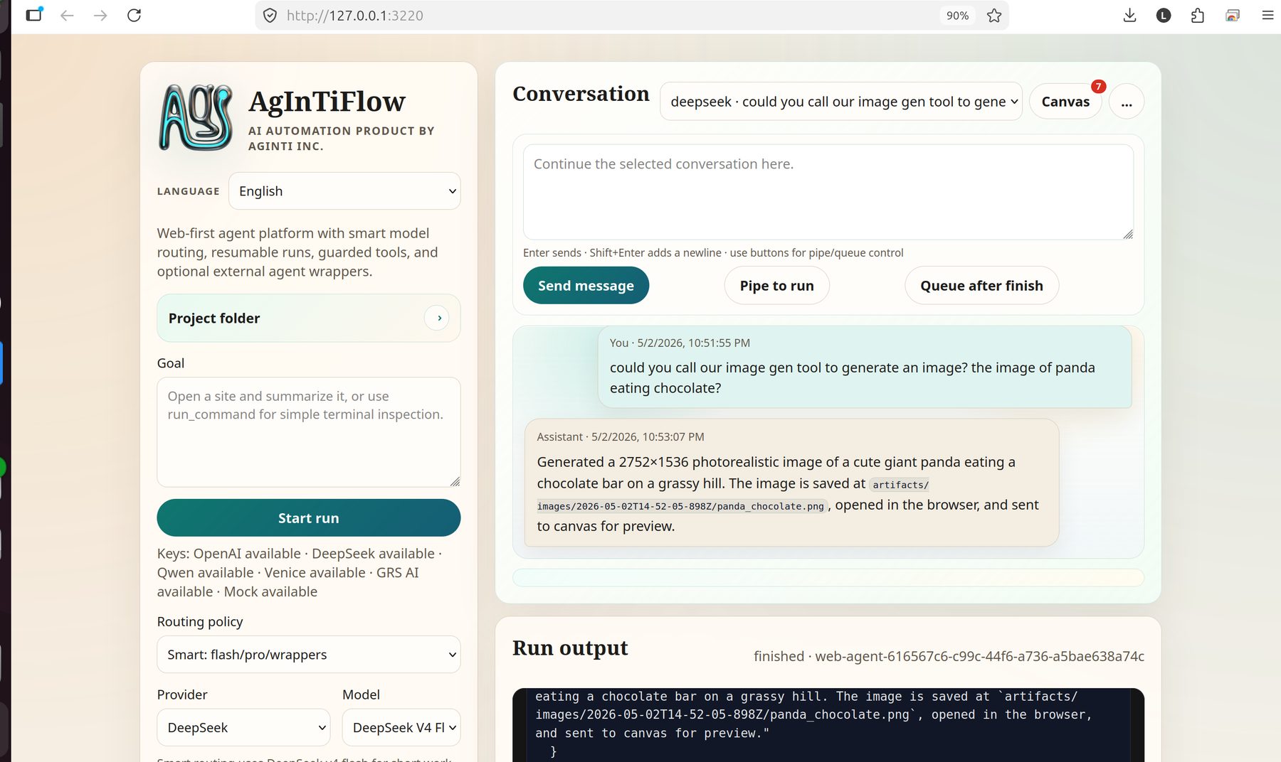 AgInTiFlow web console conversation and run output