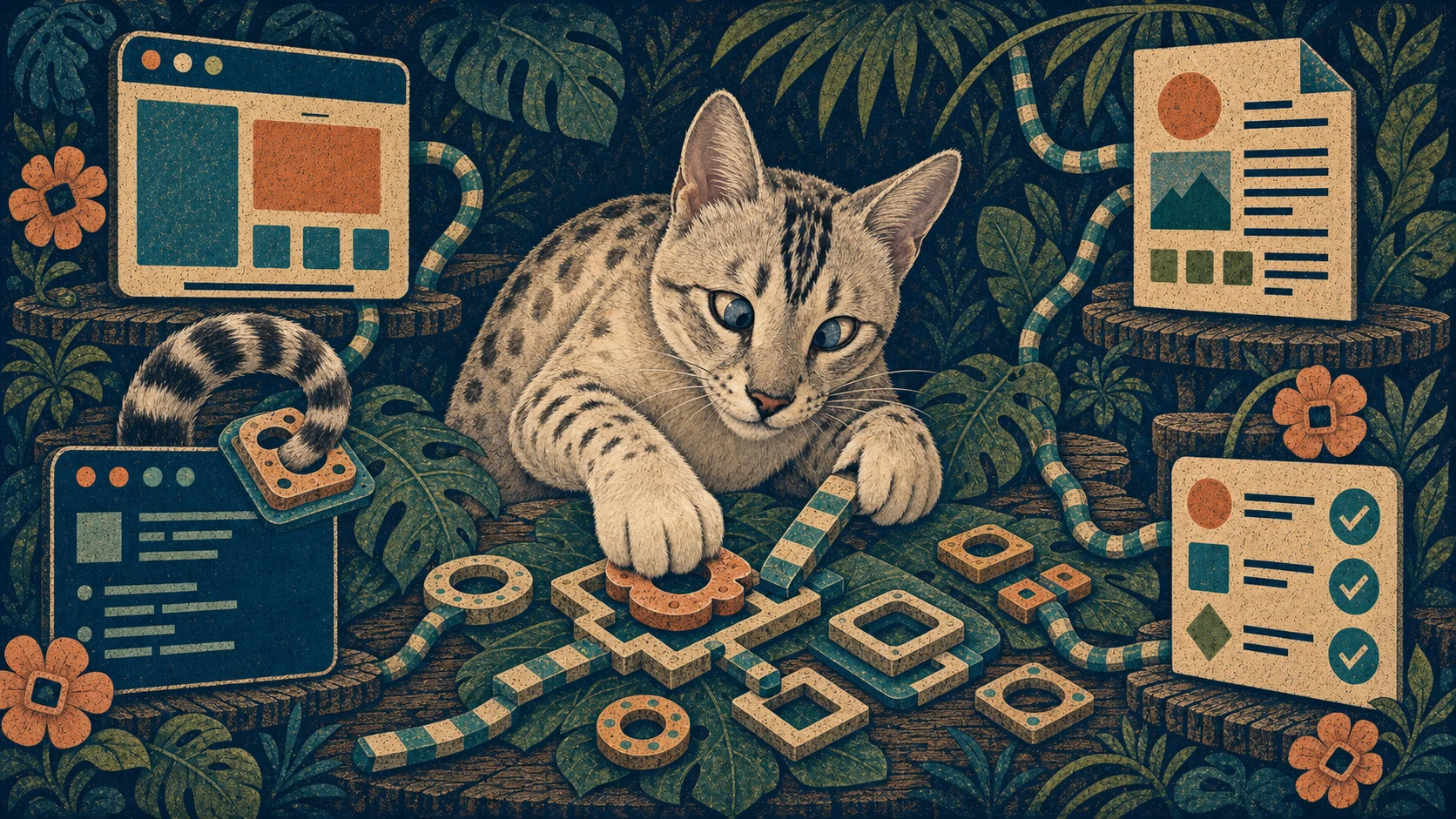 Kida, a cross-eyed snow-lynx Bengal cat, actively assembling jungle components that become web, terminal, Markdown, and CI output