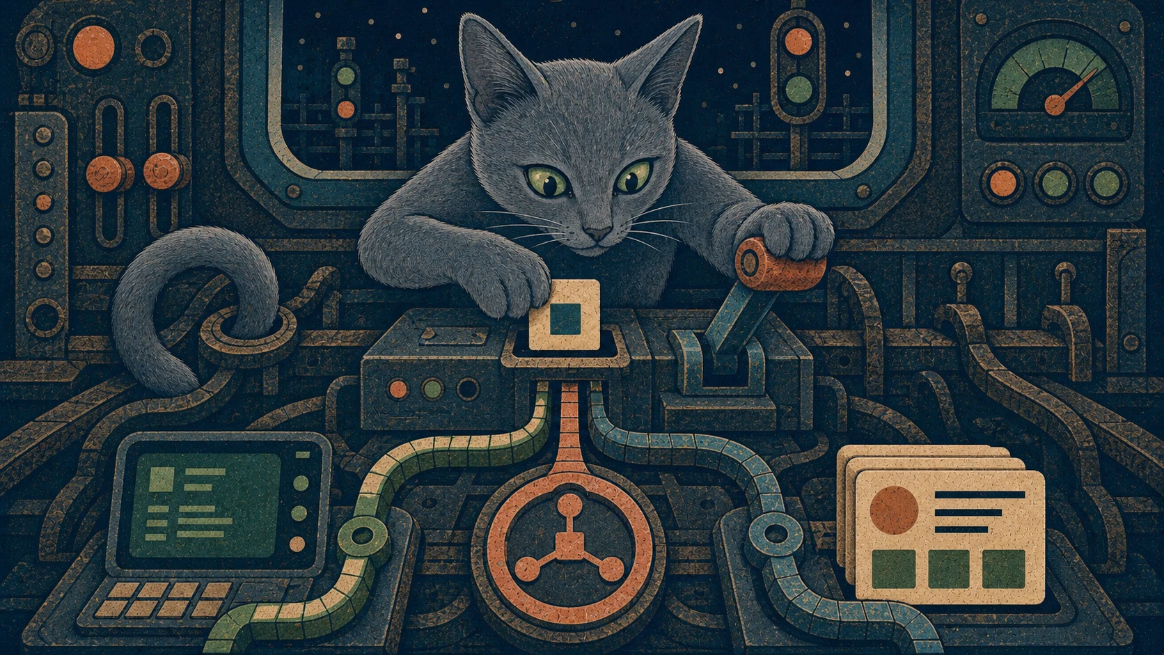 Milo, a Russian blue cat, routing one typed command into terminal, MCP, and agent-discovery surfaces
