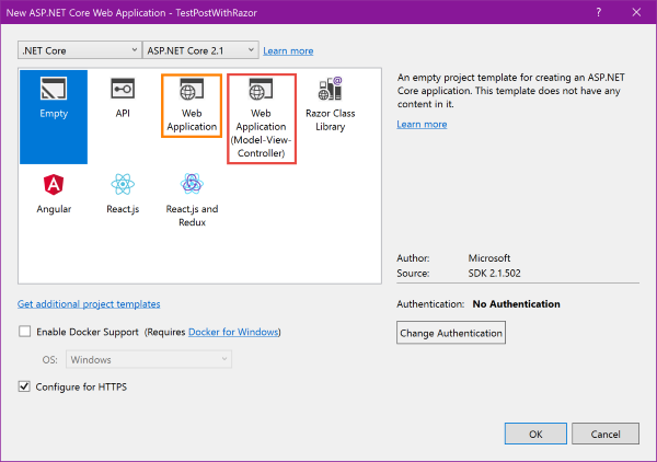 ASP.NET Core Razor and ASP.NET Core MVC templates in Visual Studio