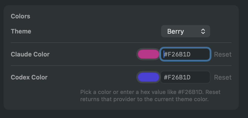 AIPace custom Claude and Codex color settings