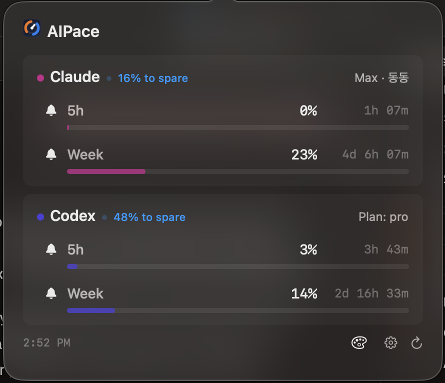 AIPace popover showing Claude and Codex usage