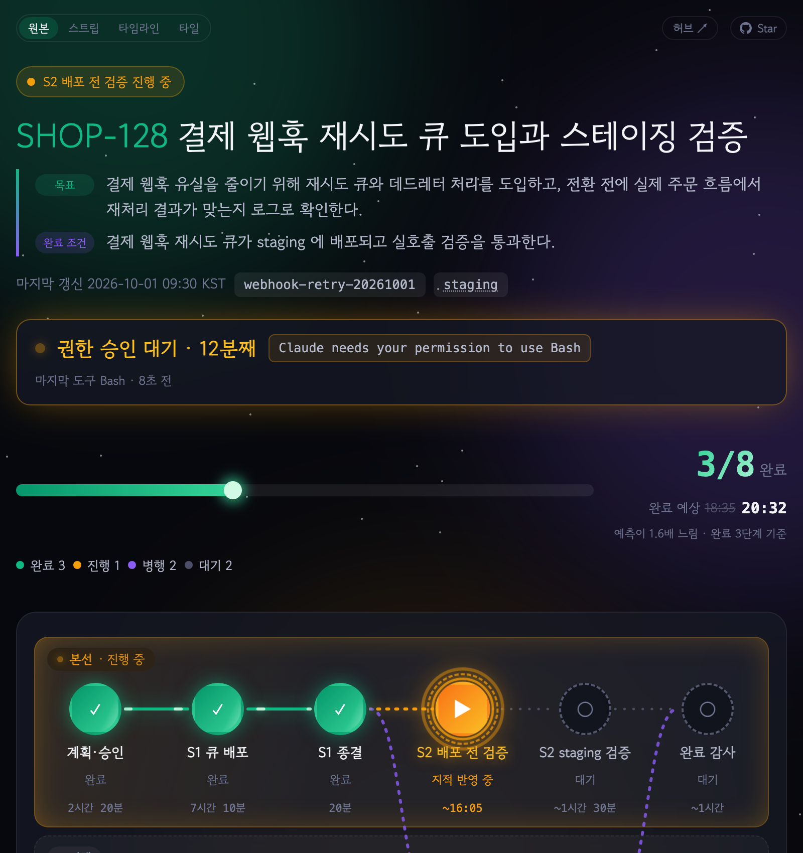 상태 띠가 붙은 진행 페이지