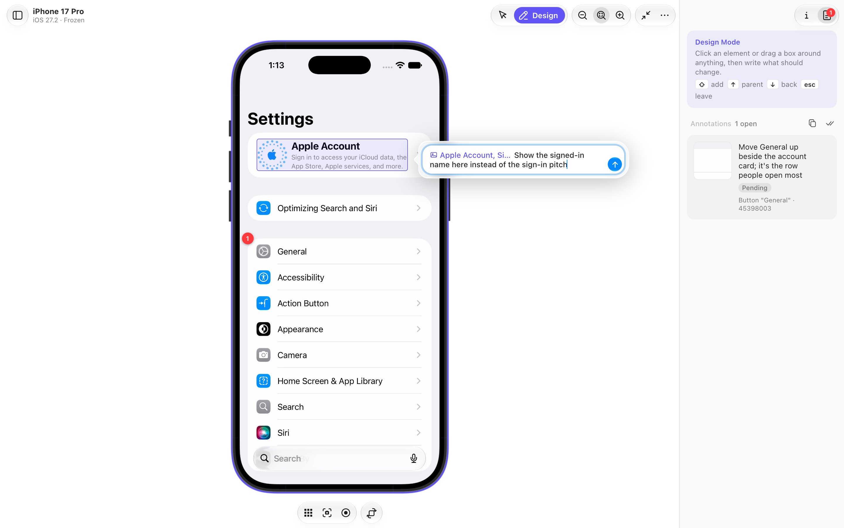 Design Mode on an iPhone 17 Pro simulator: the General row is annotated, and a note is being written for the Apple Account card