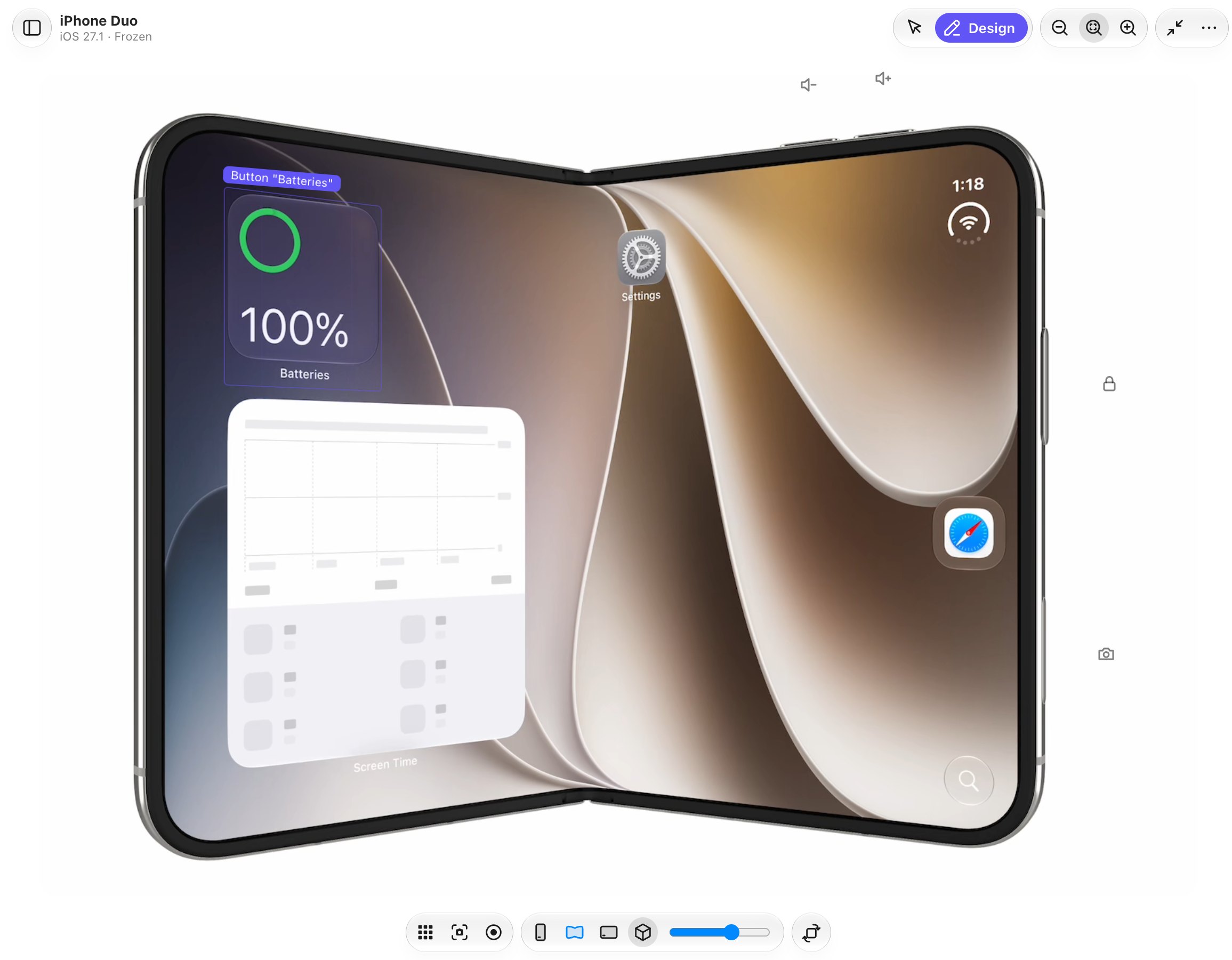 iPhone Duo half open in 3D, with the Batteries widget selected in Design Mode
