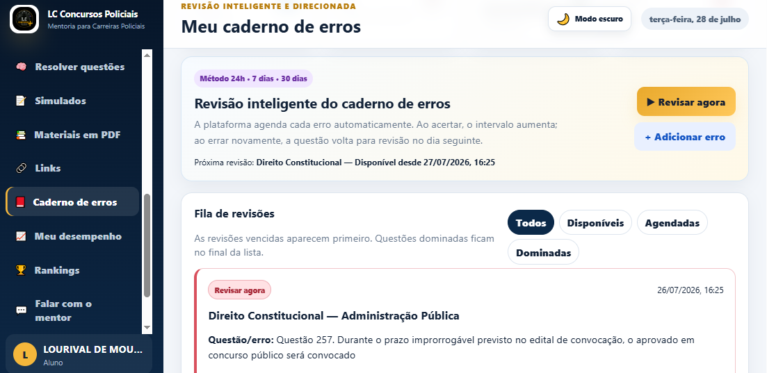 Caderno de erros na Plataforma LC Carreiras Policiais