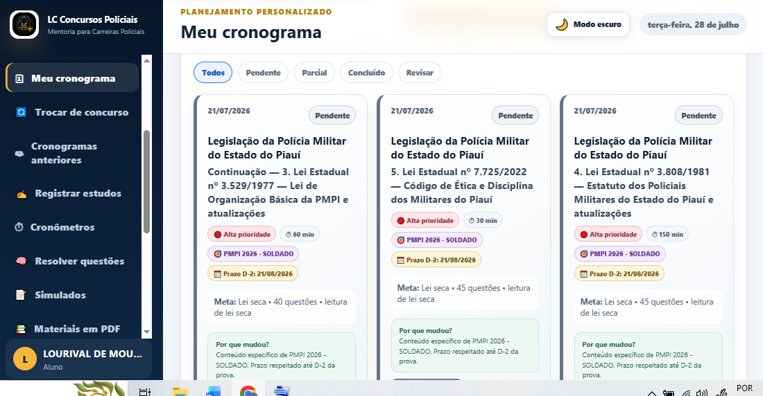 Cronograma personalizado na Plataforma LC Carreiras Policiais