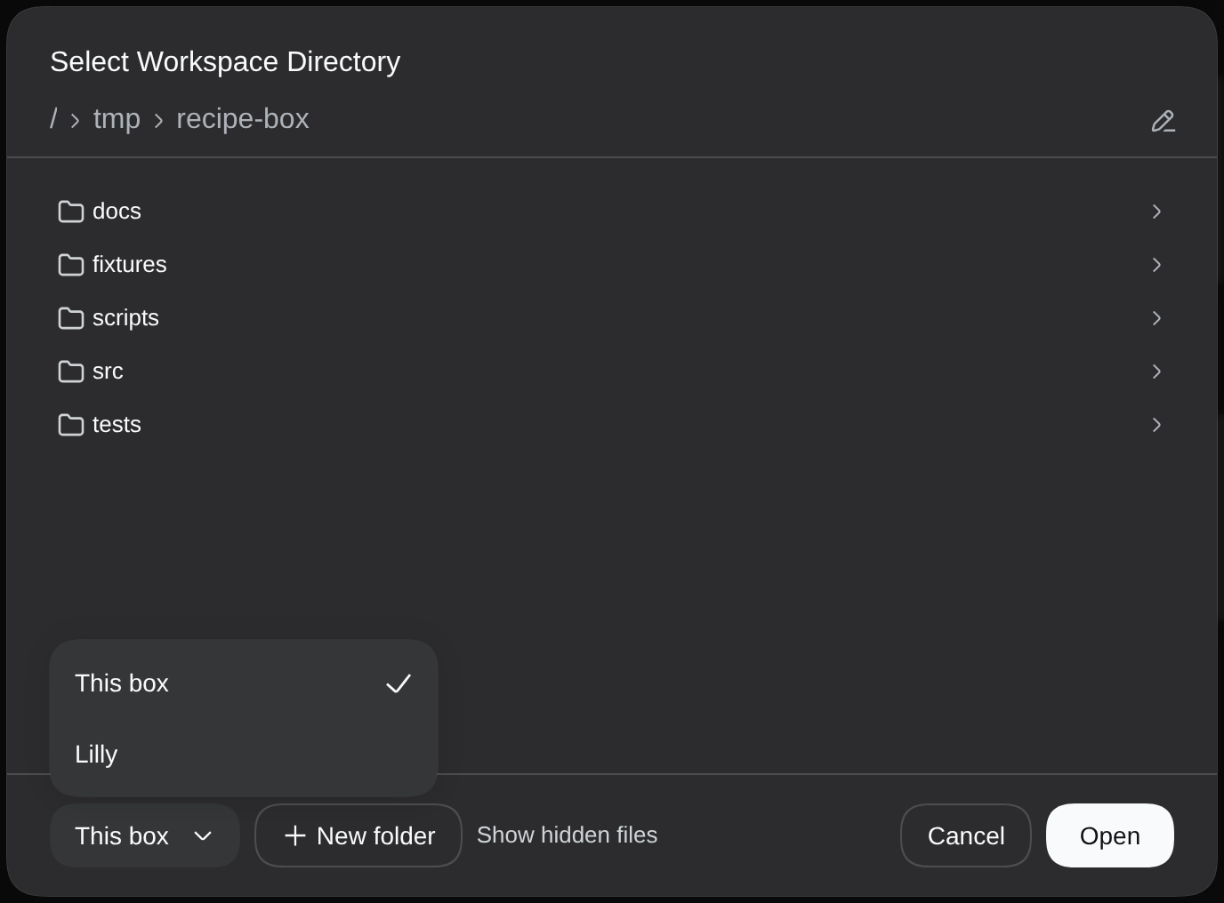 dsh's Select Workspace Directory dialog with a box dropdown in its footer listing This box and an ssh box