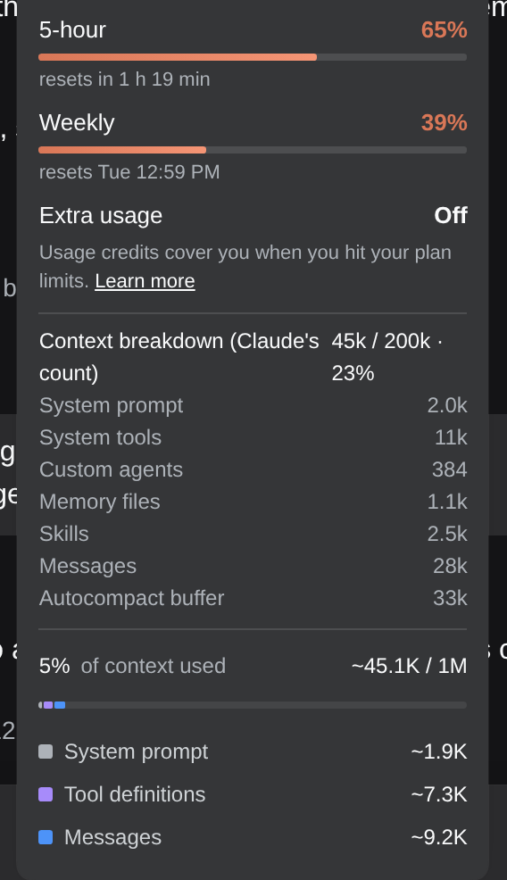 dsh's context ring popover with Claude plan windows and the CLI's own context breakdown