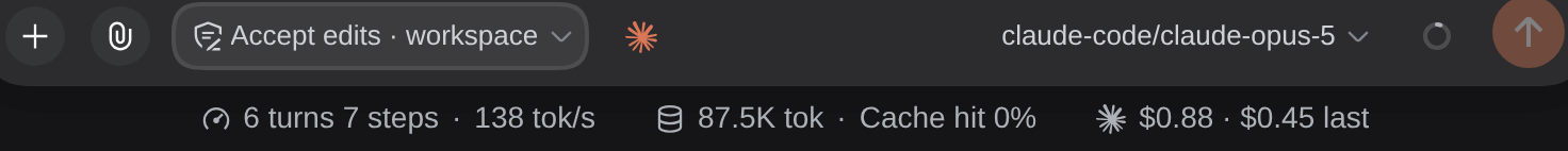 dsh's footer stats row ending with the Claude session cost and cached token count