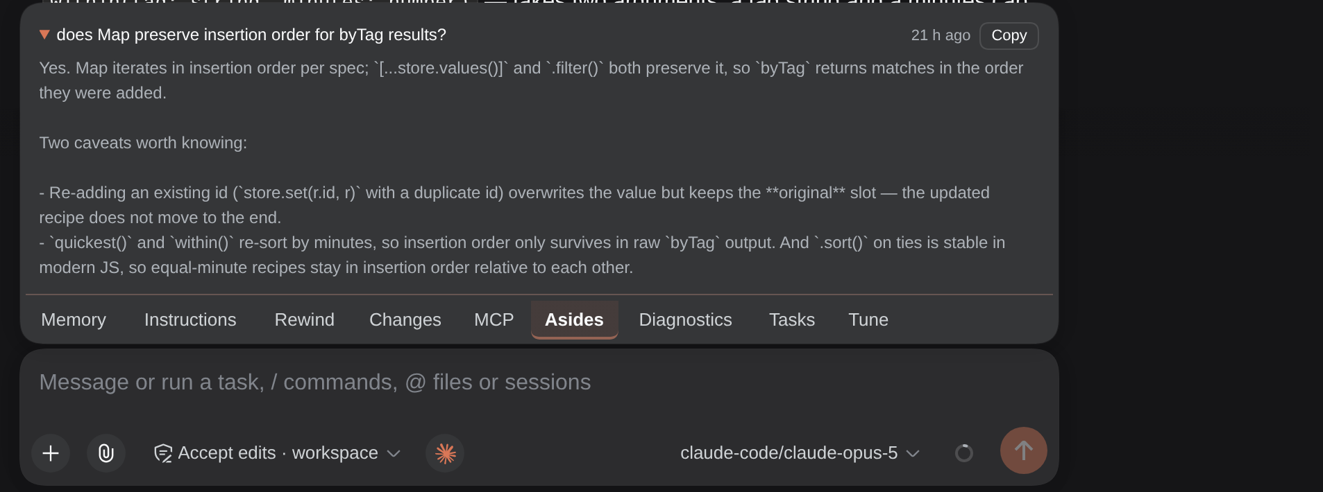 the Asides tab with a side question expanded above the tab strip