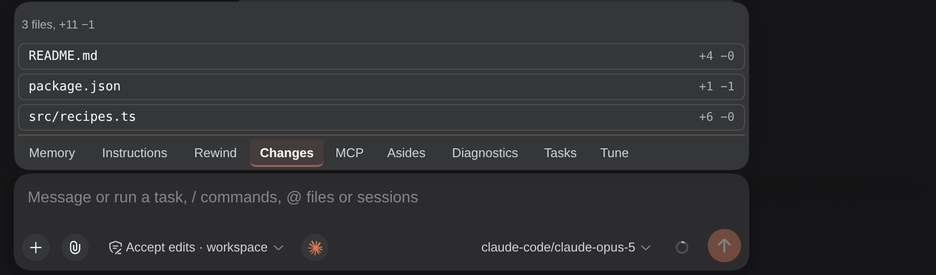 the Changes tab listing the working tree diff with per-file line counts