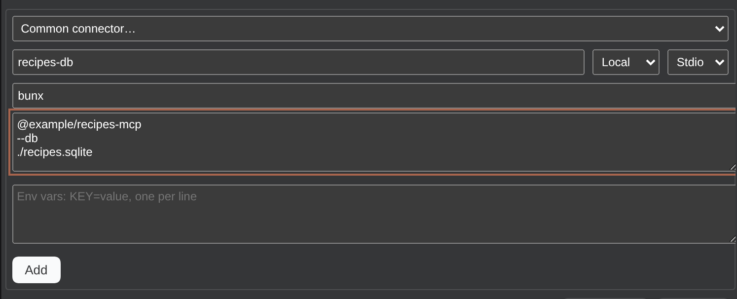 the MCP tab's add-server form, filled with a server name, command and argument list