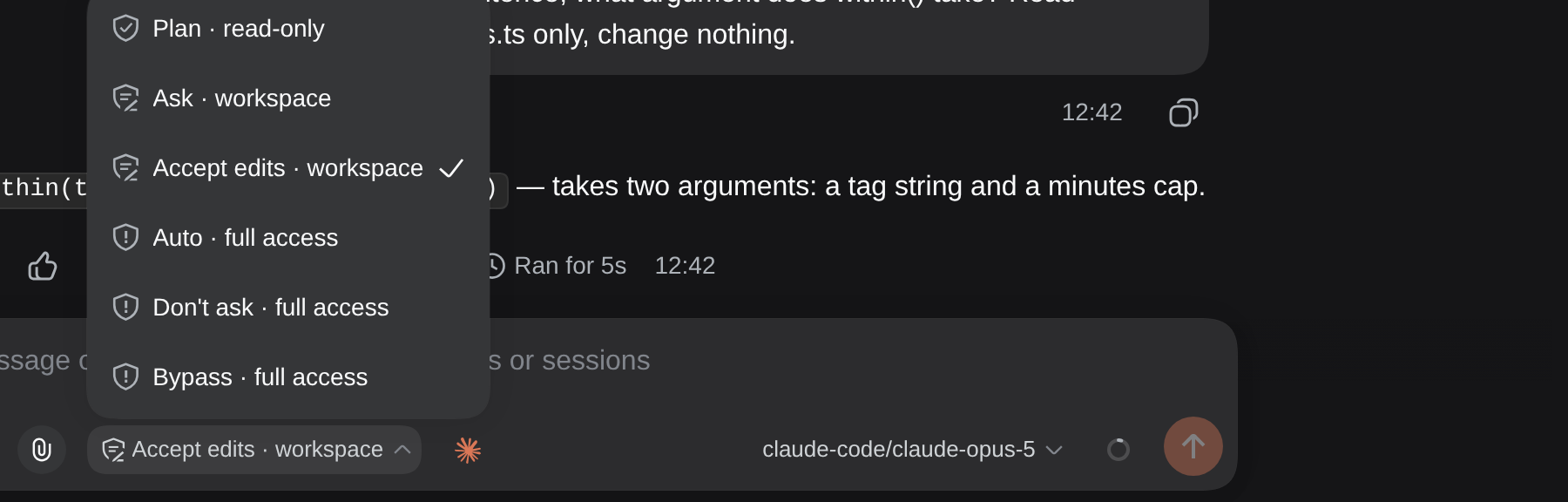 dsh's access shield in a Claude session: Plan, Ask, Accept edits, Auto, Don't ask and Bypass rows with dsh's own icons