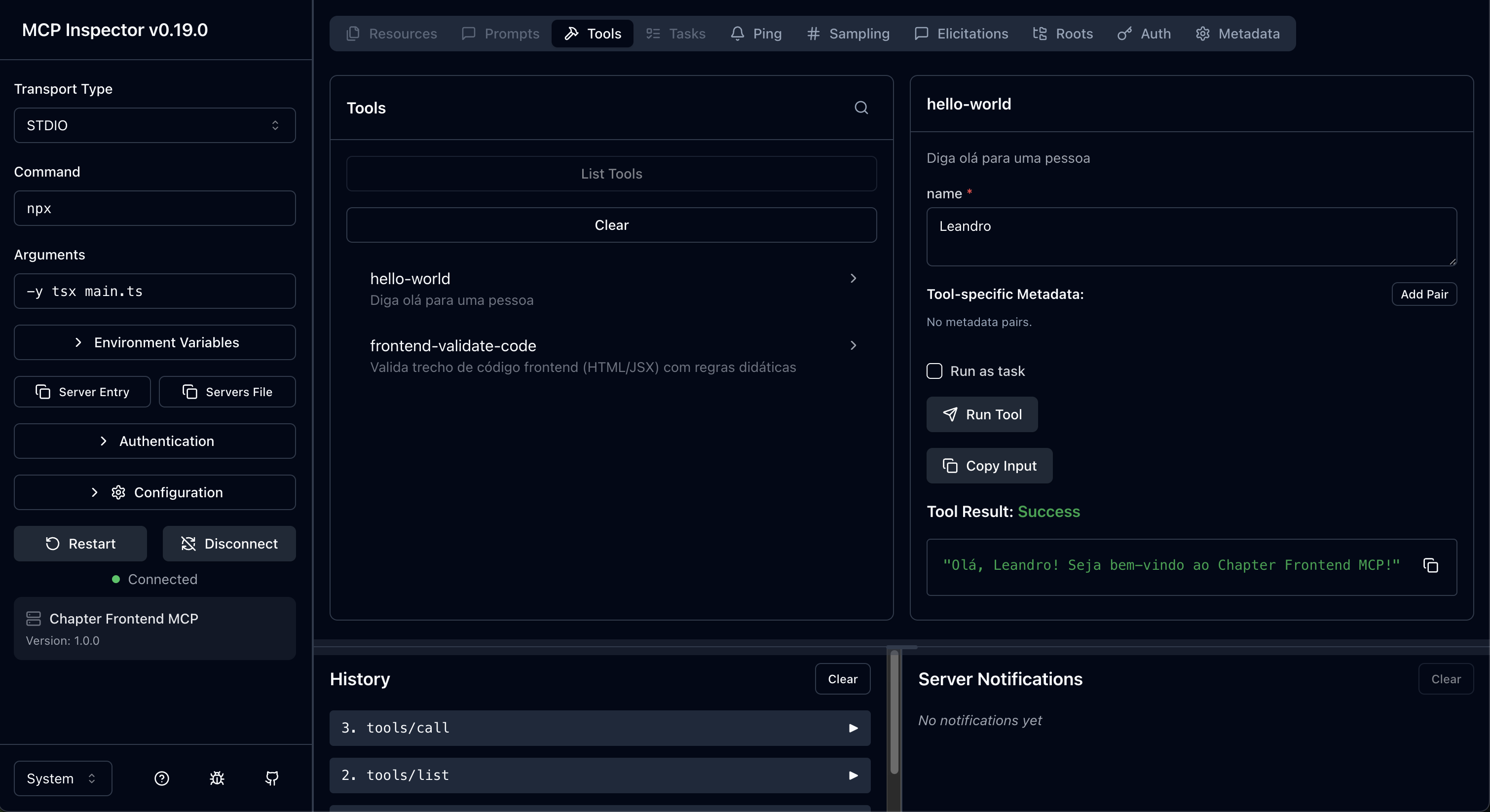 MCP Inspector em uso