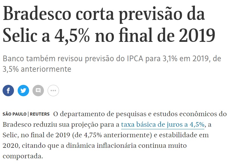 Matéria publicada na Folha de São Paulo, em 11/10/2019, sobre a projeção da SELIC para o final de 2019.