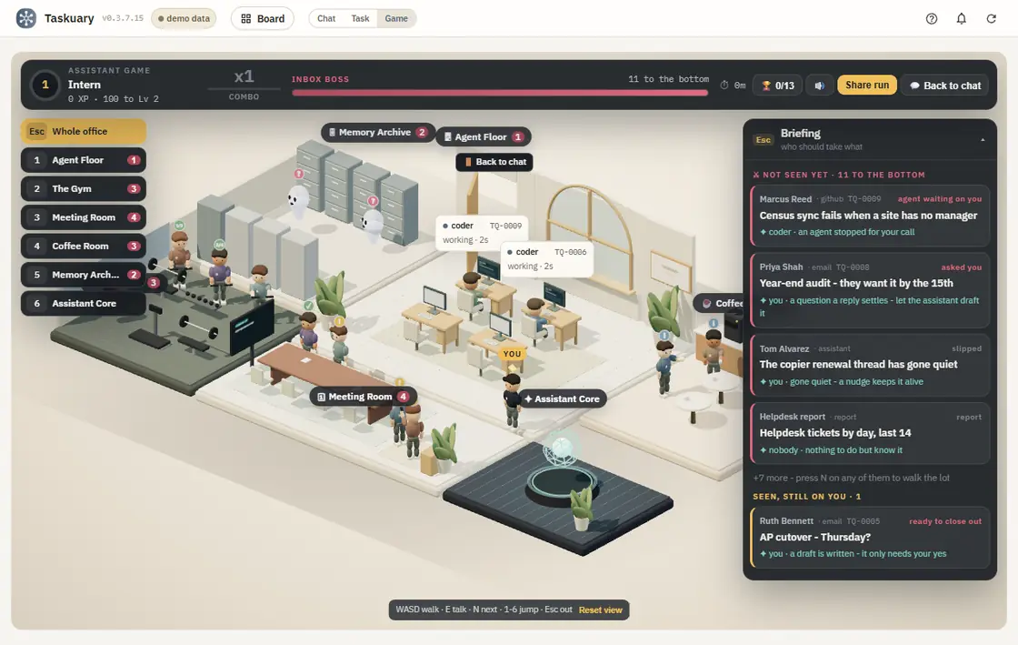 The Assistant's Game view: an office where every task, message and agent is a figure, opening on the whole floor and zooming into each room - the Agent Floor, the Meeting Room where people wait on you, the Gym, the Coffee Room, the Memory Archive, and the Assistant Core.