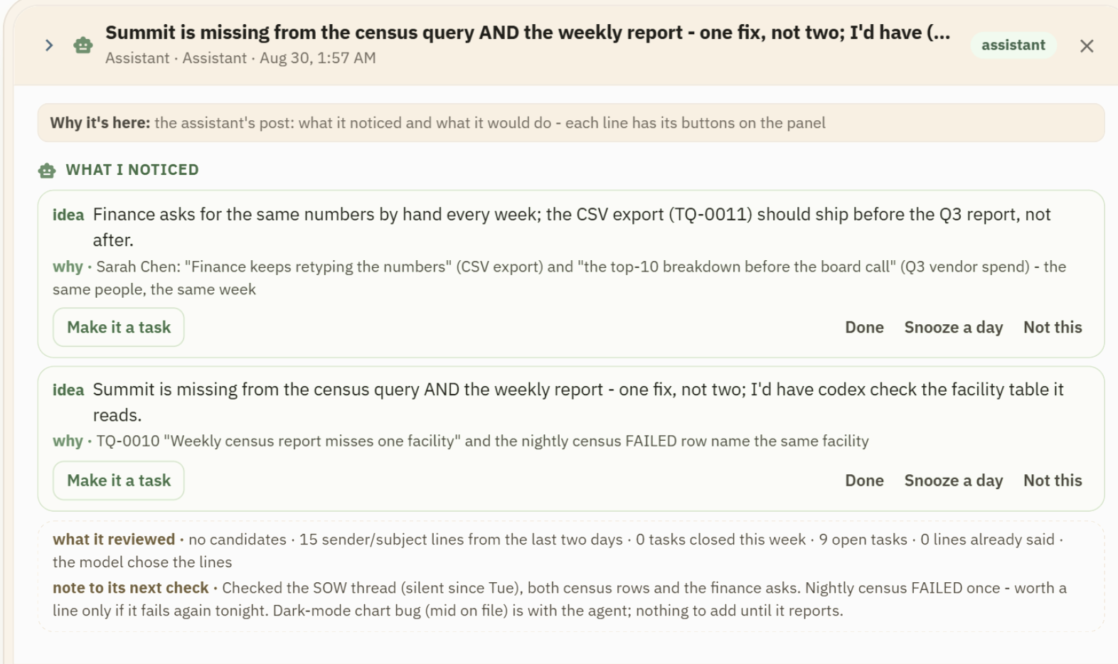 An Assistant post showing two evidence-backed suggestions and what it reviewed.