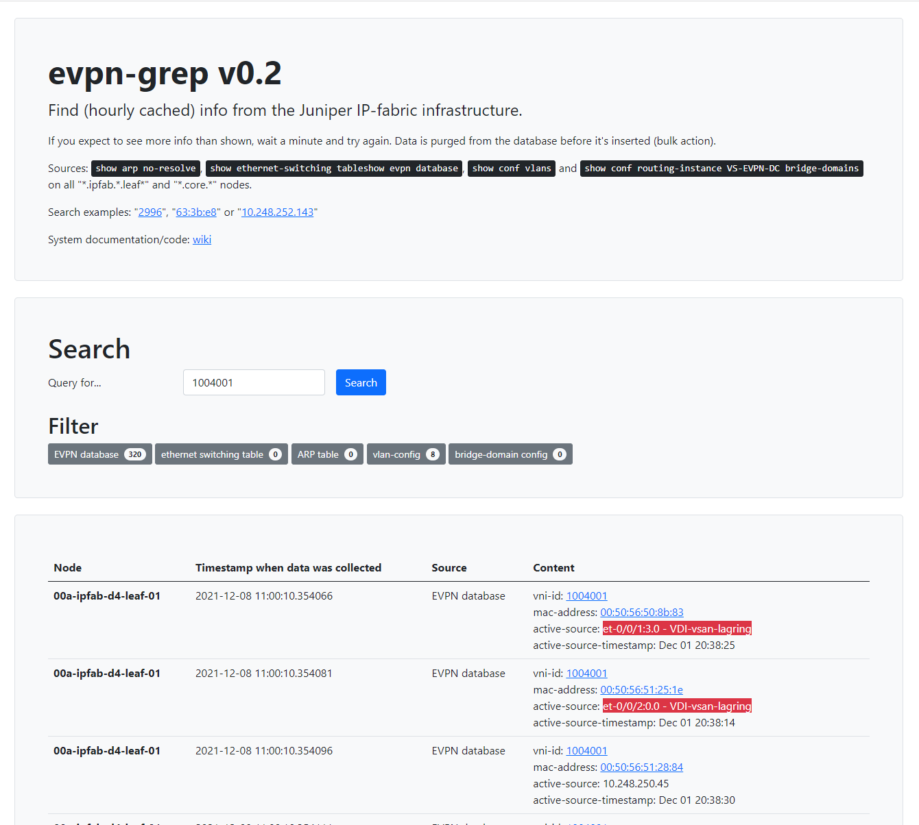 Screenshot from evpn-grep