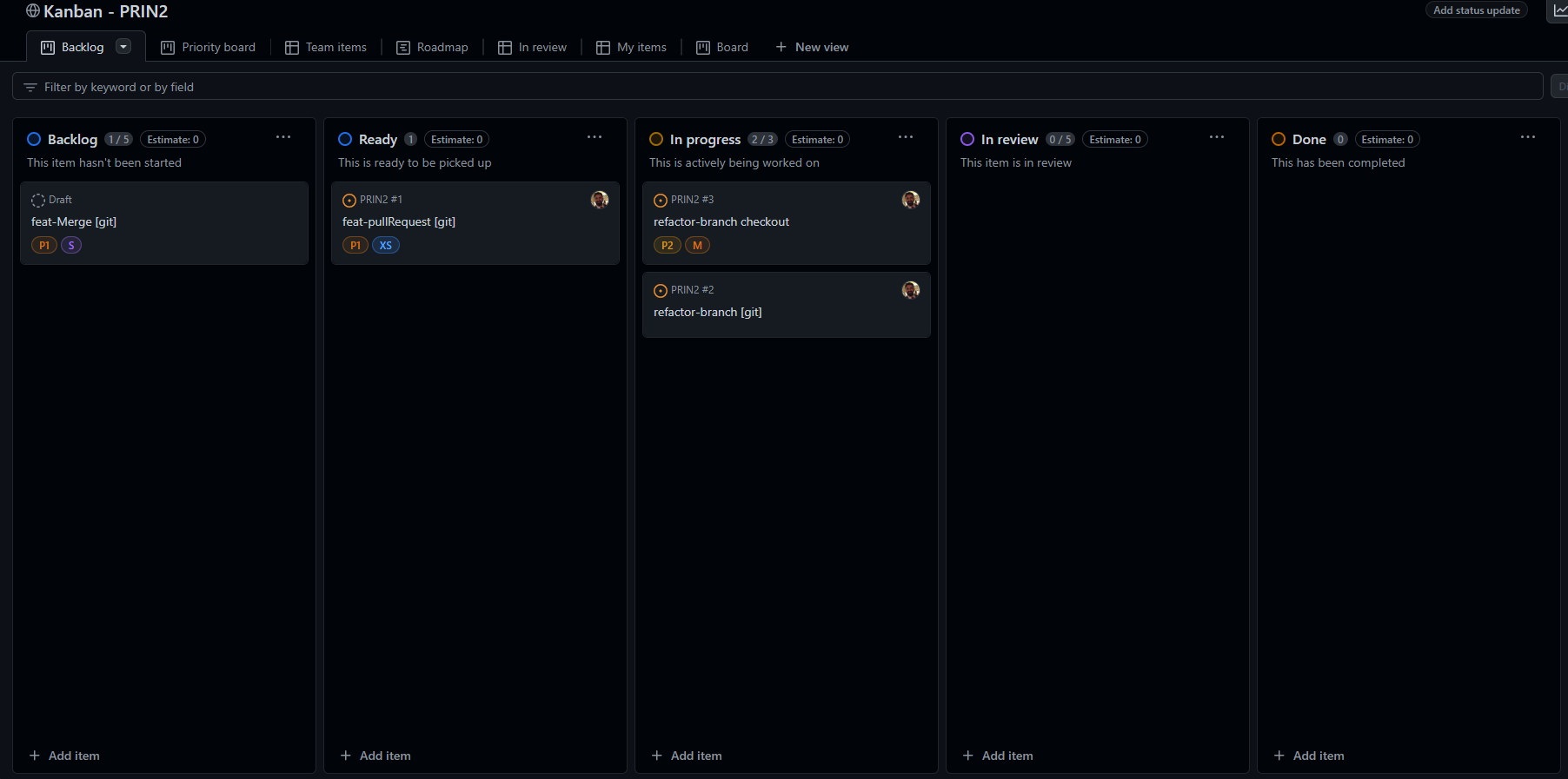 Kanban com Issues em andamento