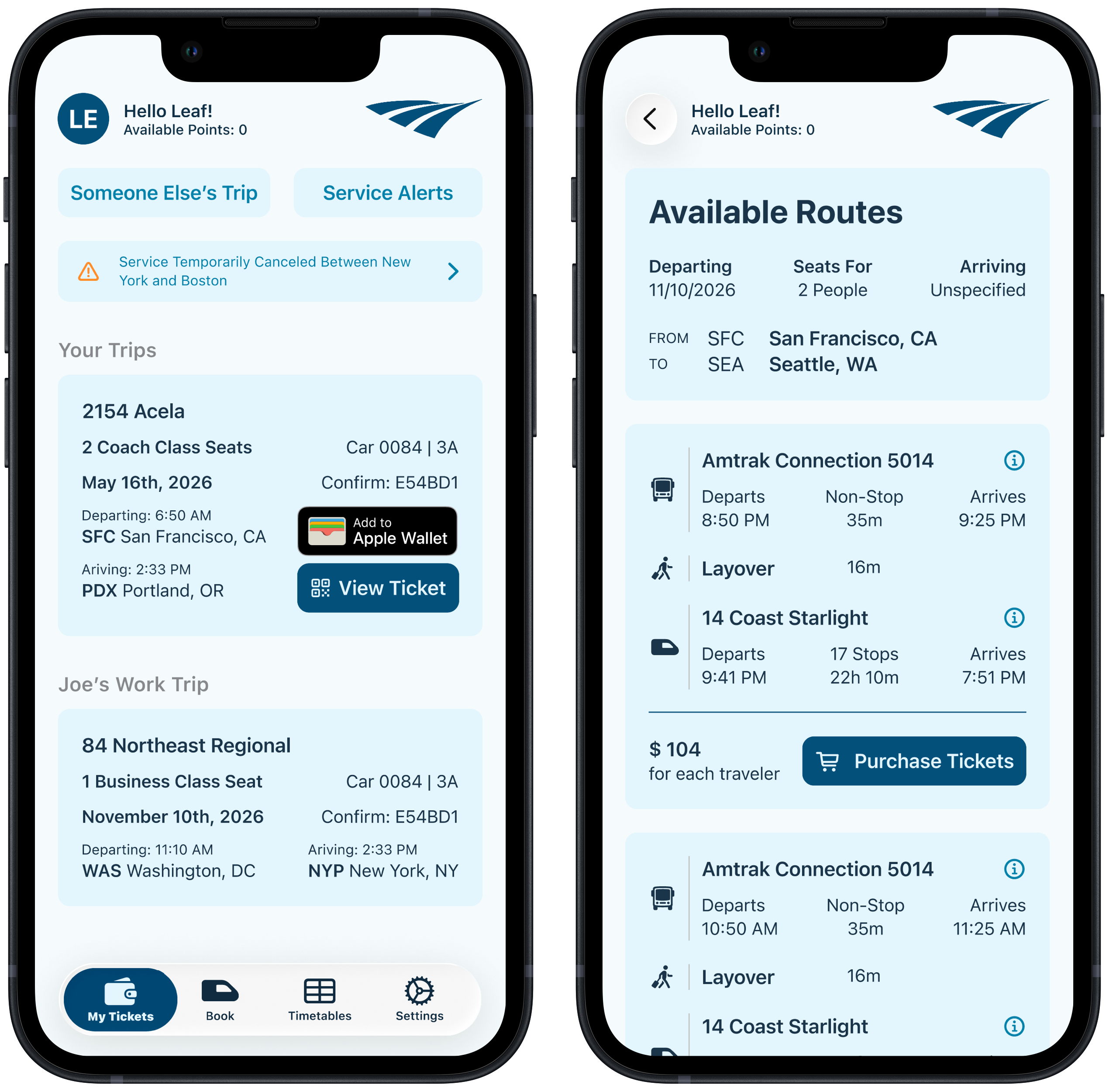 Screenshots of Amtrak App Prototype