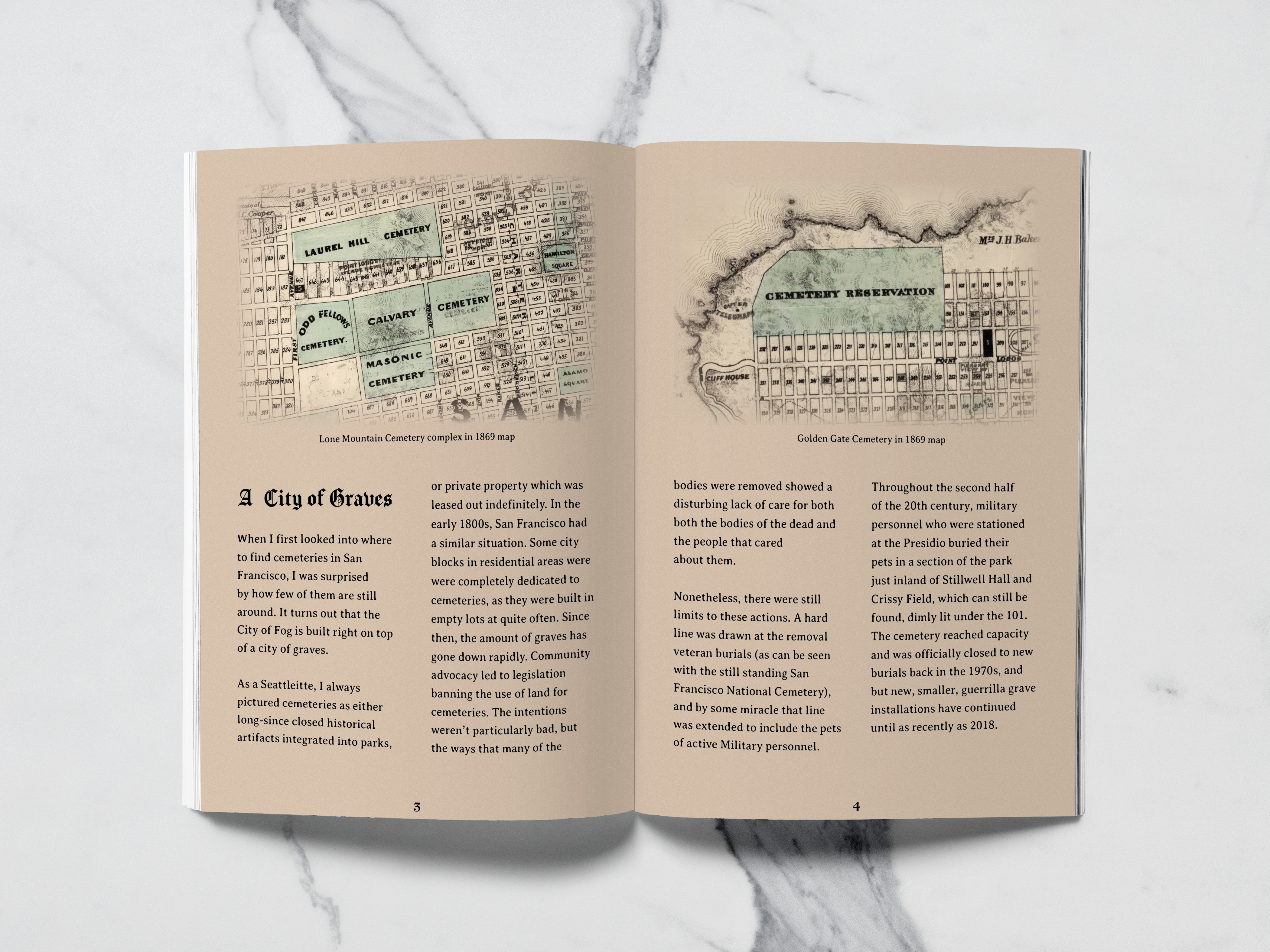 A yellowed booklet with Blackletter titles and old maps of San Francisco