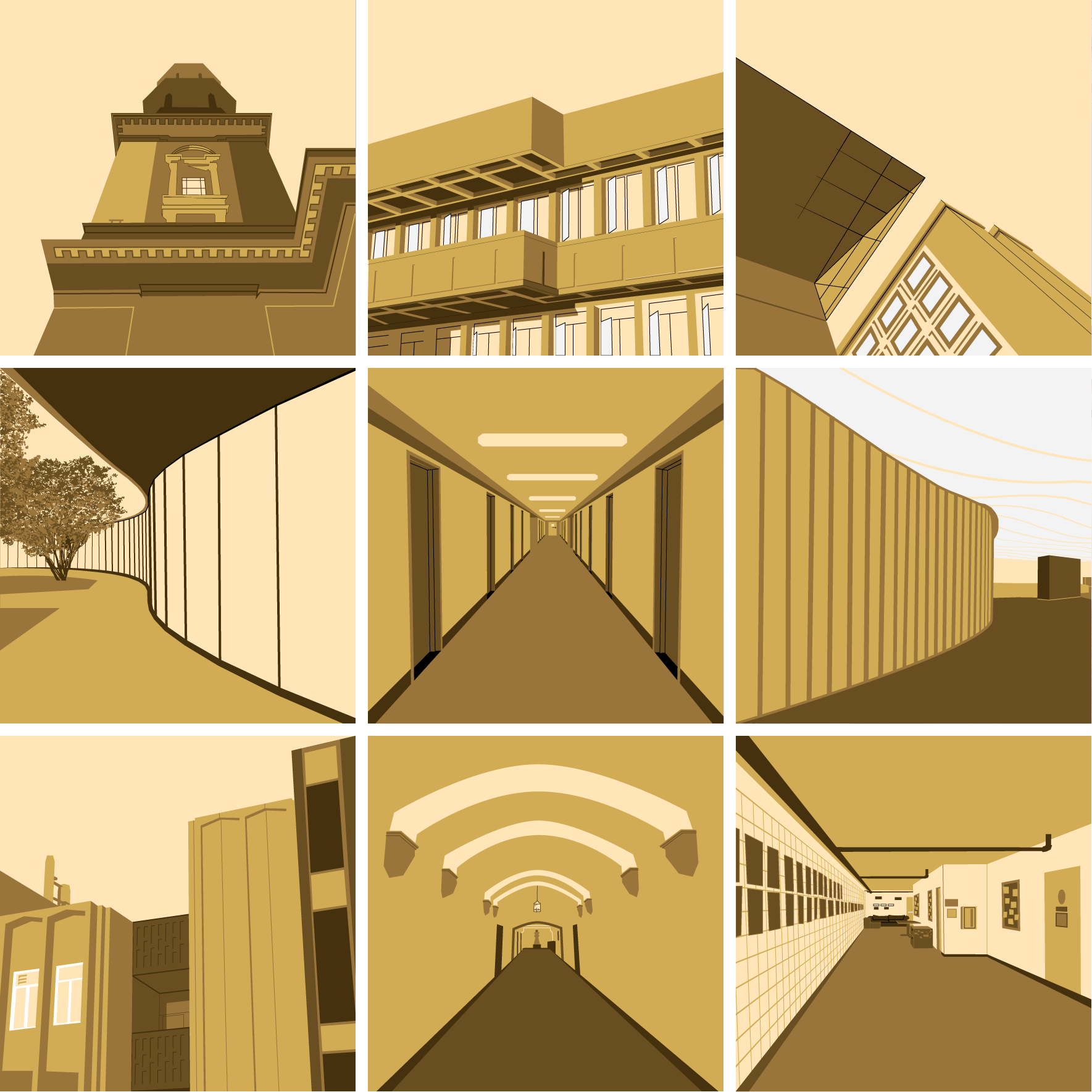 a grid of vector art illustations of various buildings