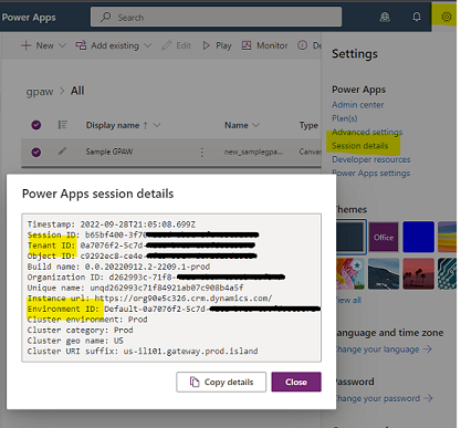 Screenshot of Power Apps session details dialog