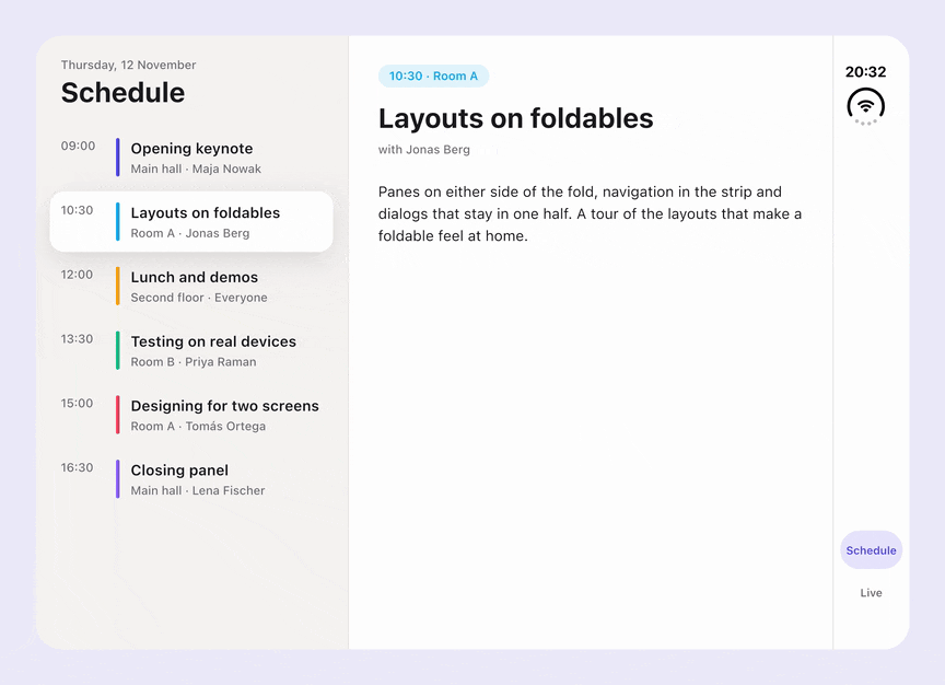 The example app on iPhone Duo: as the device opens like a book, the list and its details move to either side of the fold, and back when it lies flat