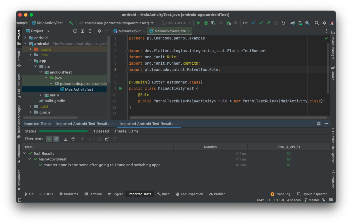 Test results in Android Studio