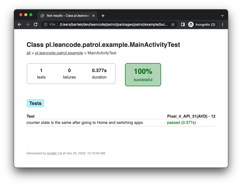 Patrol test results generated by Gradle