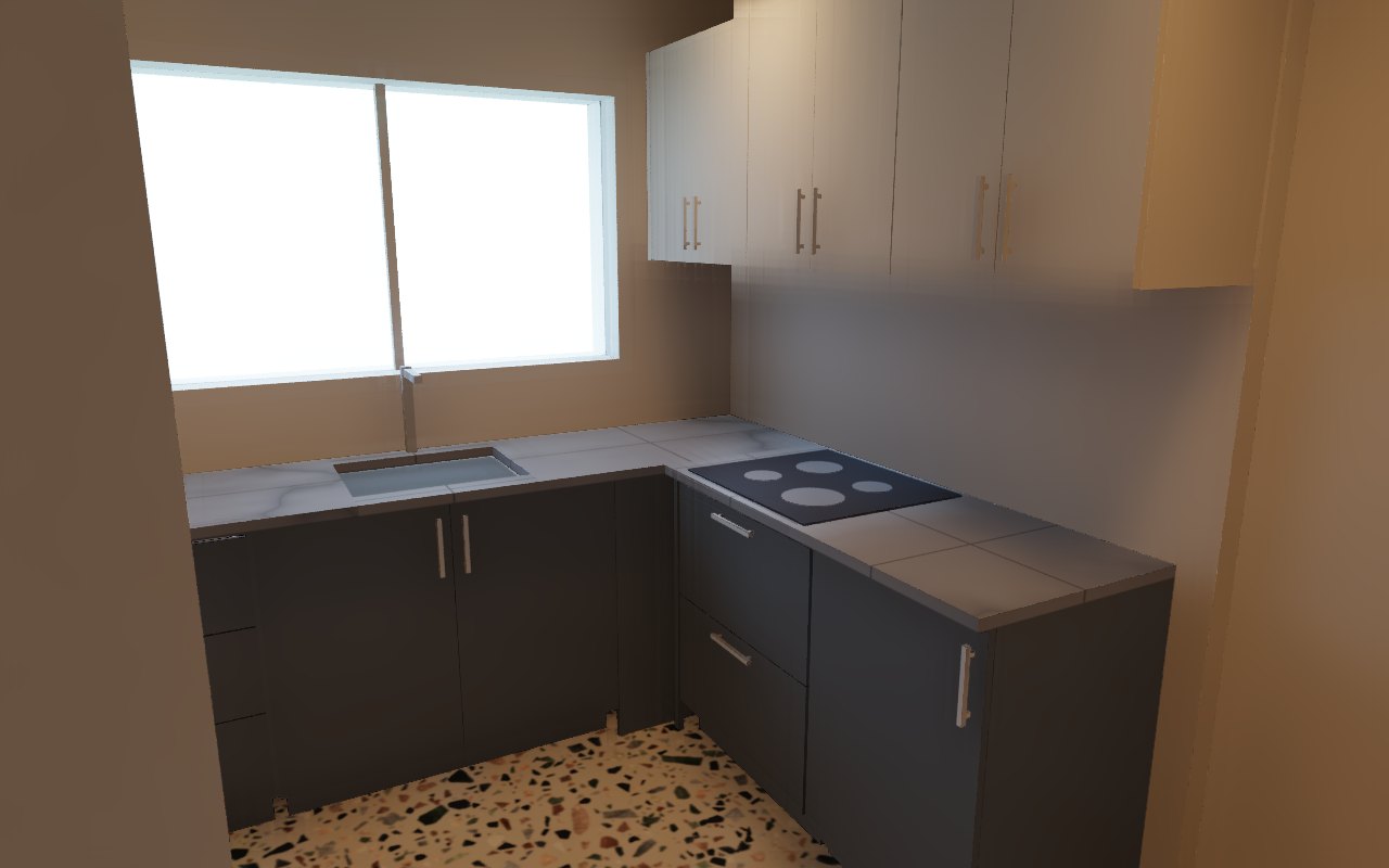 L-shaped kitchen with terrazzo floor