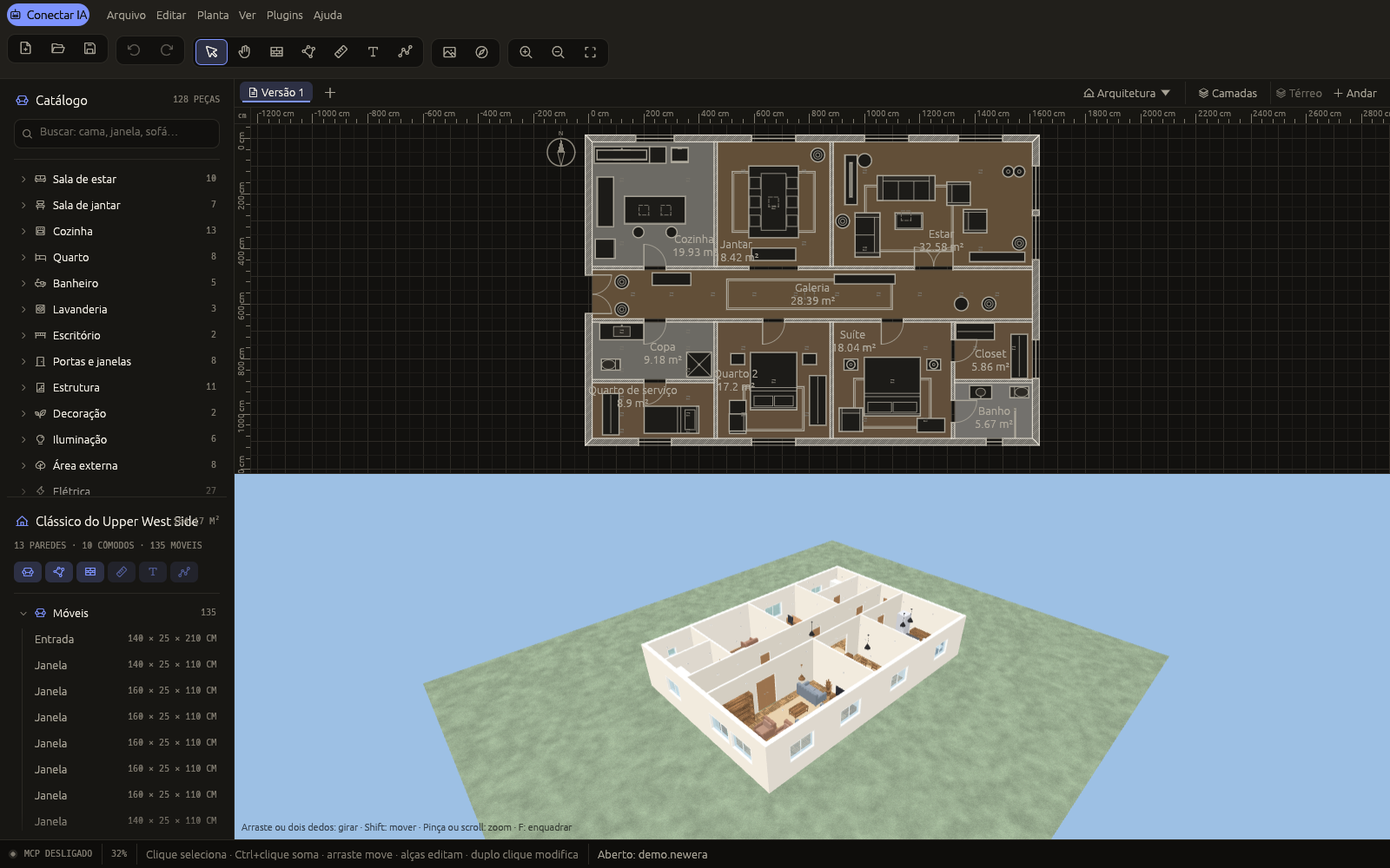 Editor with a furnished 105 m² apartment: catalog, rendered floor plan and live 3D view