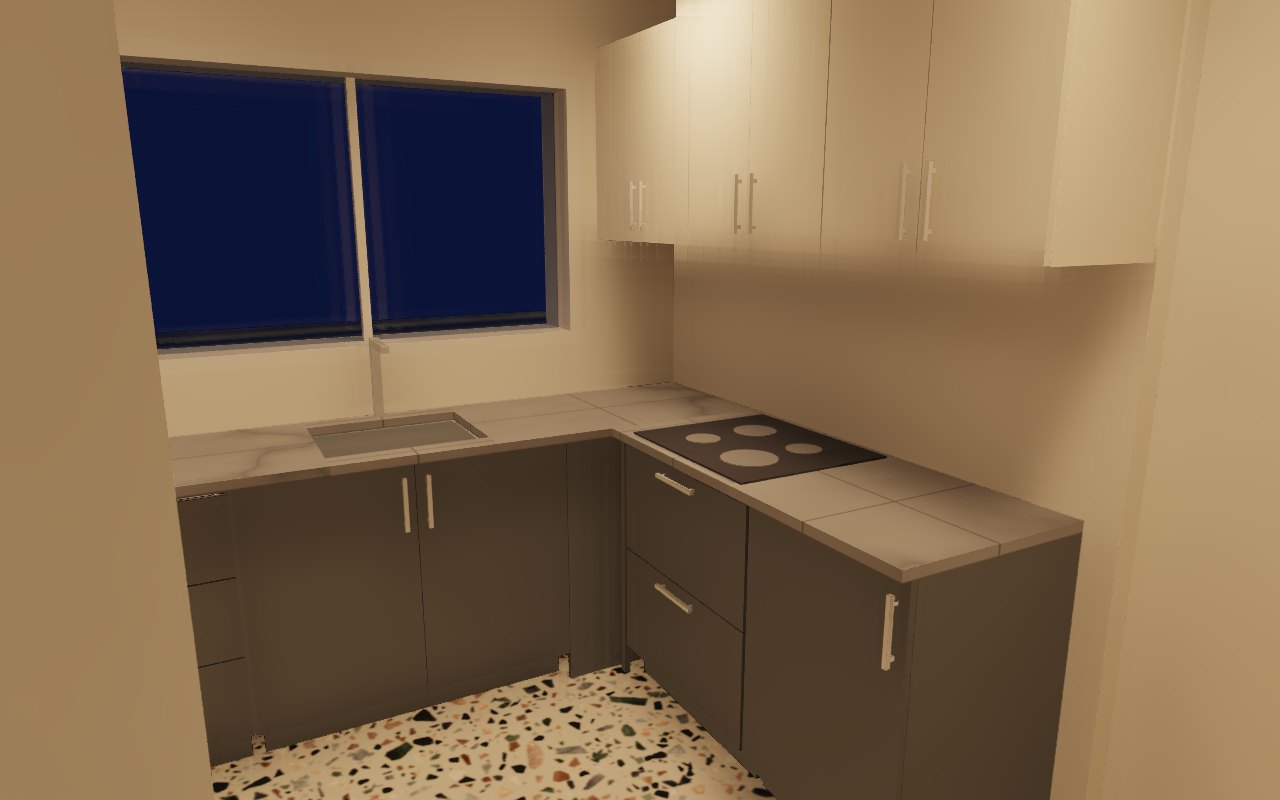 L-shaped kitchen at night